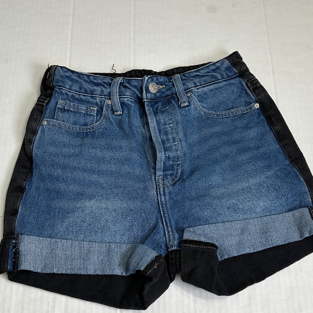 Simple Society Color Block Black Blue Denim Short Button Fly Womens 25 High Rise